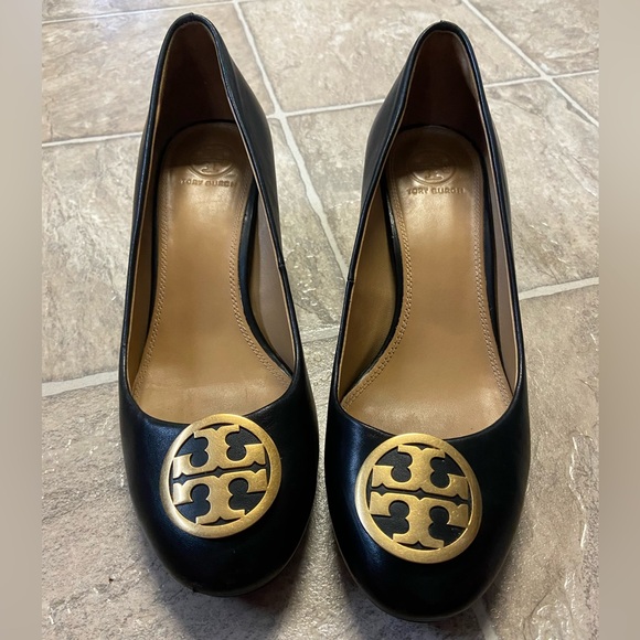 Tory Burch “Chelsea” Block Pump Heels with Gold Emblem